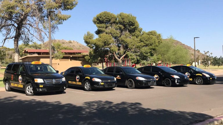 A group of black taxis from La Union Taxi Service parked in a lot